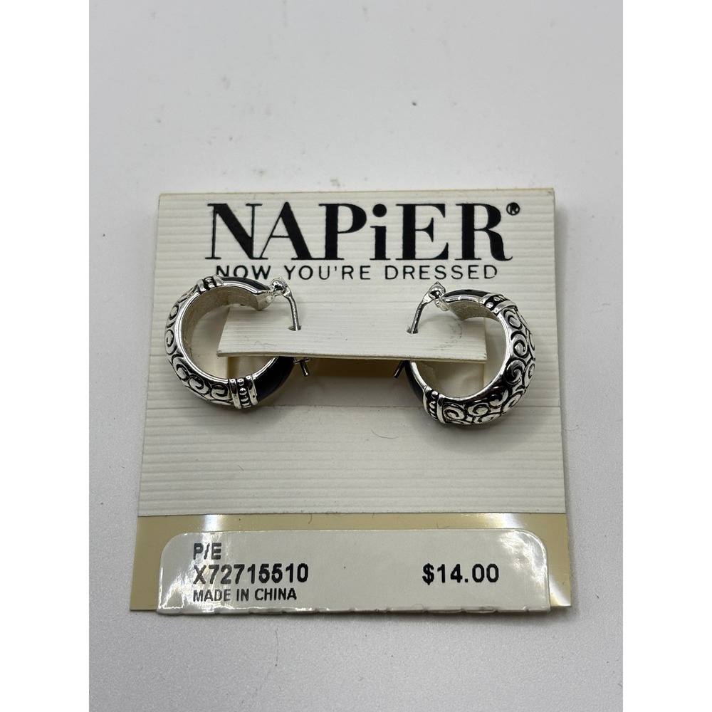 Napier Hoop Earrings‎ Womens OS Silver Black Enamel Scroll Filigree X72715510